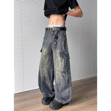 Riolio American retro spring and autumn street men and women trend personality curved knife washed jeans couple loose casual pants y2k